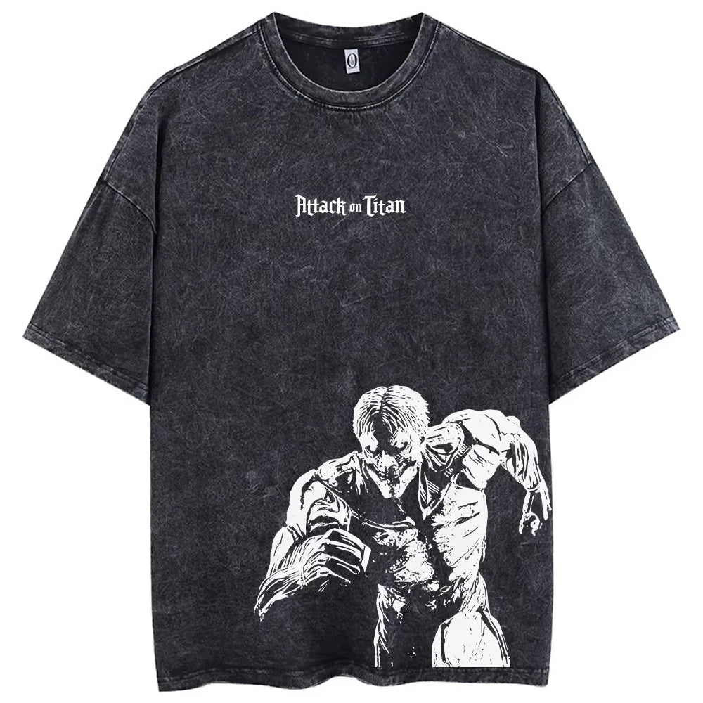 2026 Anime Attack on Titan Eren Jaeger Printed T-shirt Men's and Women's Washed T-shirts High Quality Vintage 100% Cotton Top