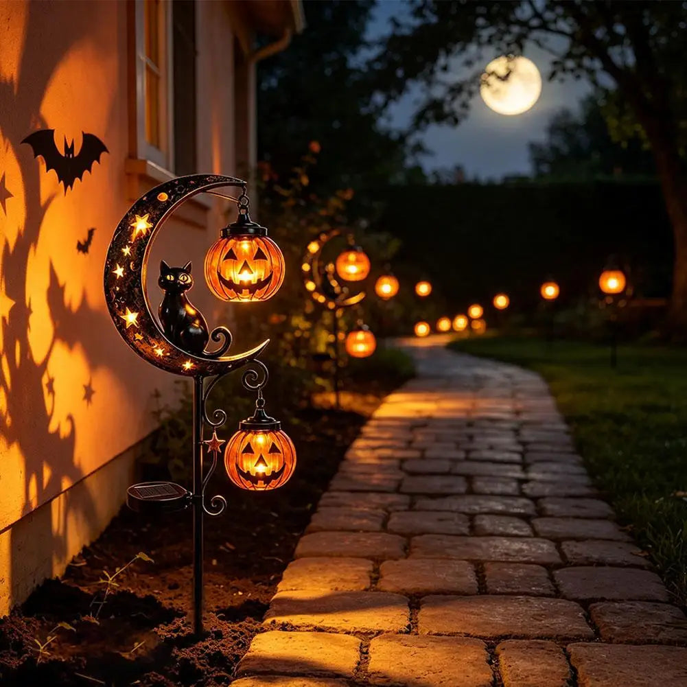 Garden Lamp Decoration Halloween Black Cat & Pumpkin Moon Garden Stake Light, Outdoor Waterproof Metal Pumpkin Stake Decor