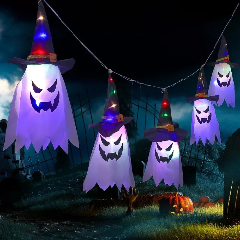 Halloween Glowing White Ghost LED Hanging Ghosts Horror Props with Fairy Light Indoor Outdoor Haunted House Halloween Decoration