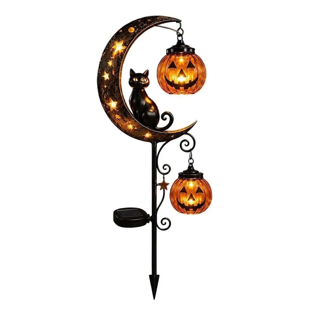 Garden Lamp Decoration Halloween Black Cat & Pumpkin Moon Garden Stake Light, Outdoor Waterproof Metal Pumpkin Stake Decor