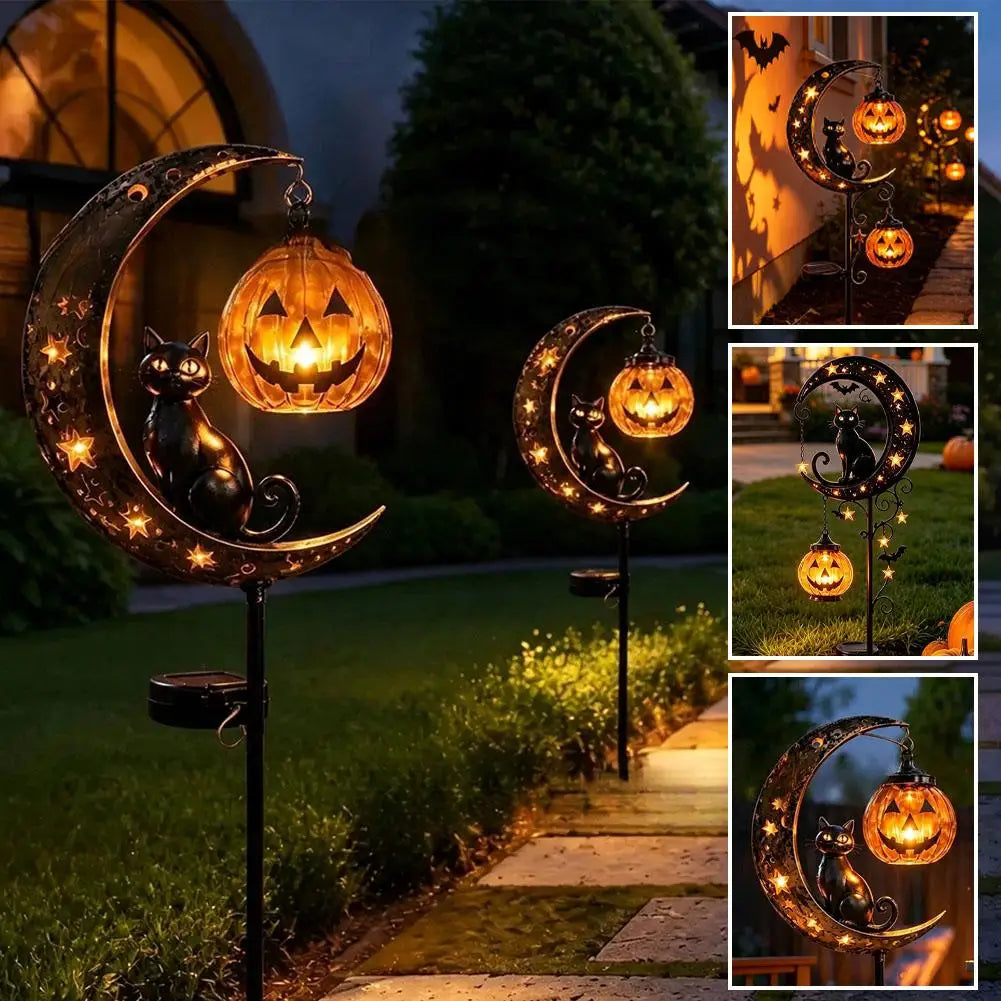 Garden Lamp Decoration Halloween Black Cat & Pumpkin Moon Garden Stake Light, Outdoor Waterproof Metal Pumpkin Stake Decor