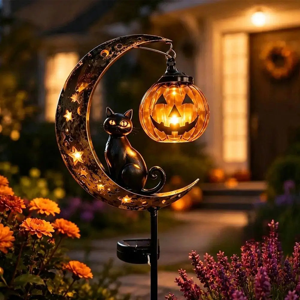 Garden Lamp Decoration Halloween Black Cat & Pumpkin Moon Garden Stake Light, Outdoor Waterproof Metal Pumpkin Stake Decor