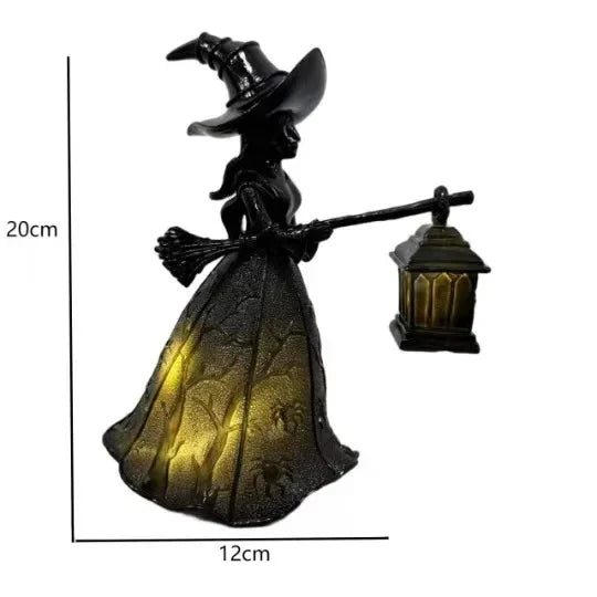 Halloween Witch Lantern LED Night Light Resin Statue Gothic Home Decor with Broom for Spooky Party