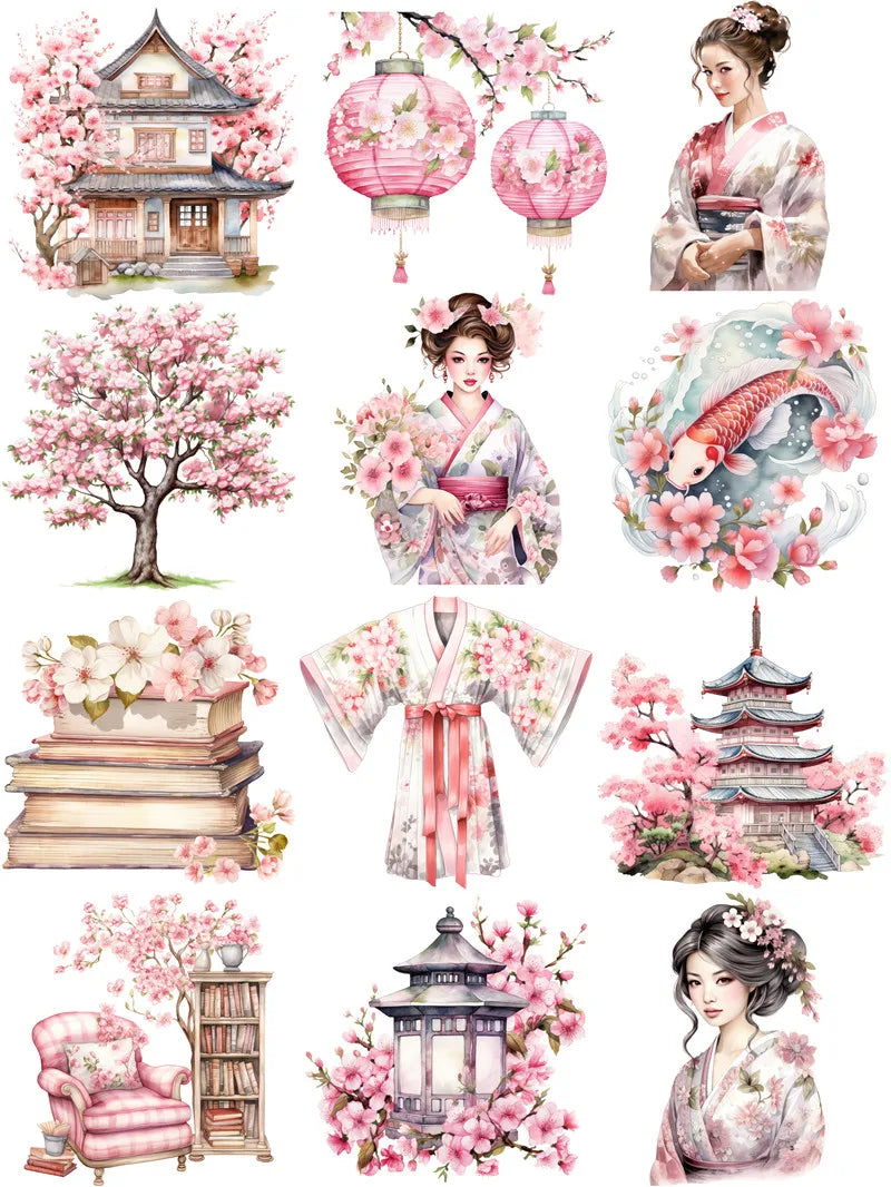 12Pcs/Pack Japanese Sakura Kimono Sticker DIY Craft Scrapbooking Album Junk Journal Decorative Stickers