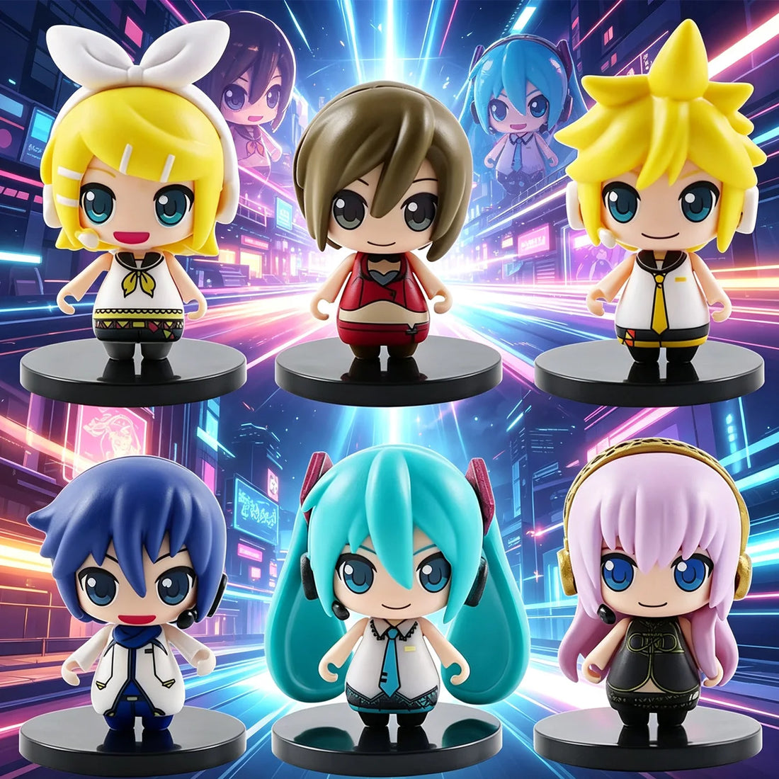 Anime Q Version Figurines – Kagamine Rin, MEIKO, Kagamine Len, KAITO, Hatsune Miku, Megurine Luka | Collectible Set