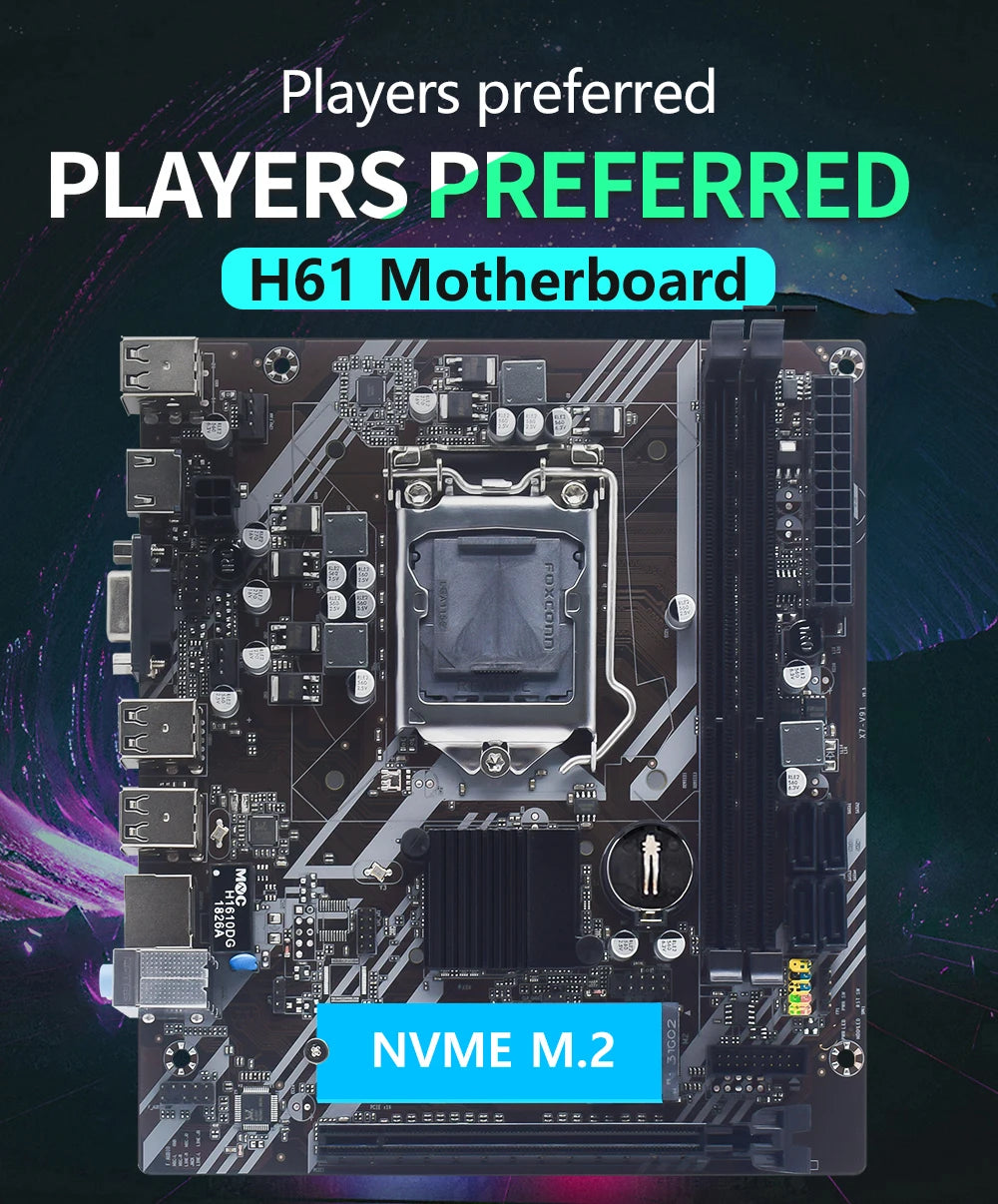 MUCAI H61 Motherboard LGA 1155 Kit Compatible With Intel Core CPUs 2nd And 3rd Generations Supports M.2 NVME SDD