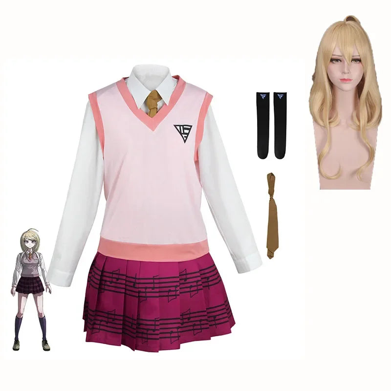 Costume de Cosplay Anime Danganronpa Kaede Akamatsu, gilet rose, chemise, jupe, uniforme, perruque pour femmes et filles,
