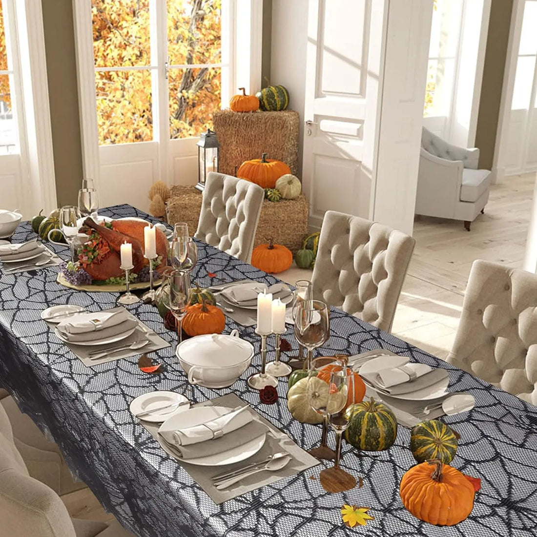Halloween Lace Table Runner Black Spider Web Tablecloth Fireplace Cover Mantel Halloween Decoration 2024 Home Party Cloth Cover