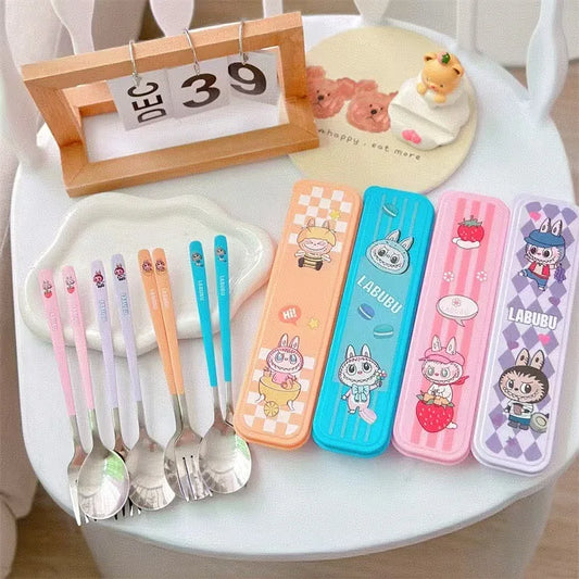 Labubu Spoon and Fork Portable Cutlery Set of 2 430 Stainless Steel Fork and Spoon Set Organizer Kawaii Children's Day Gift